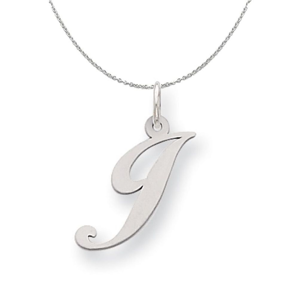 Silver, Ella Collection Medium Fancy Script Initial J Necklace - 16 In